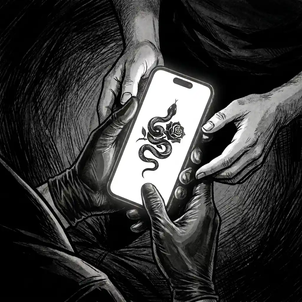 A tattooed hand holds a phone showing a snake and rose tattoo reference.
