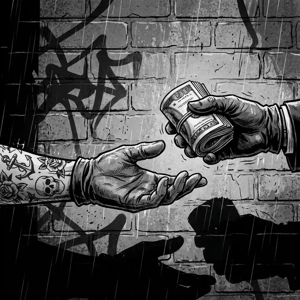 A tattooed arm reaches toward a gloved hand holding a roll of cash on a rainy street