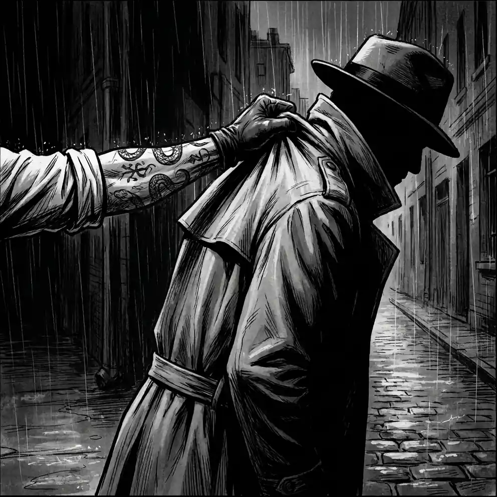 A tattooed hand grabs a figure in a trench coat and fedora by the collar