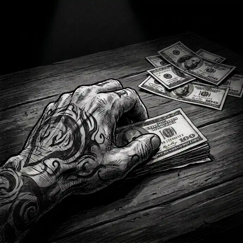 A tattooed hand counts hundred-dollar bills on a wooden table