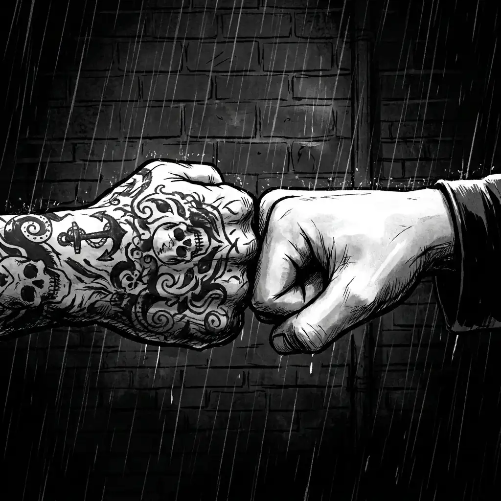 A heavily tattooed fist bumps a clean fist in the rain against a brick wall