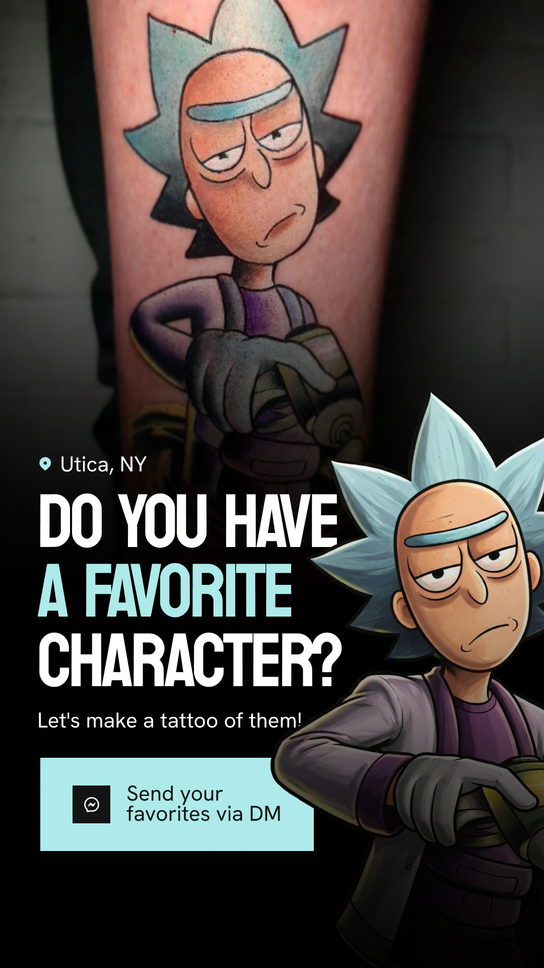 Rick and Morty character tattoo on forearm next to original cartoon