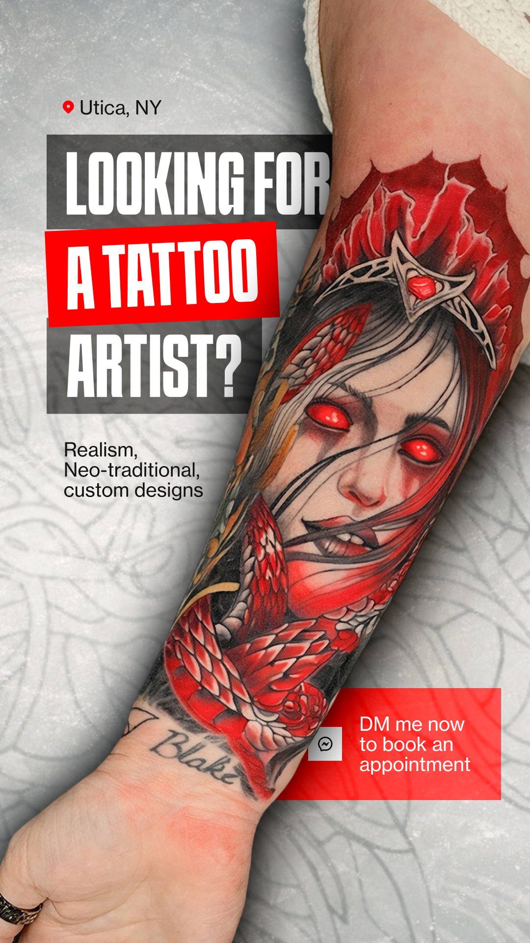 Neo-traditional color sleeve tattoo with woman and snake