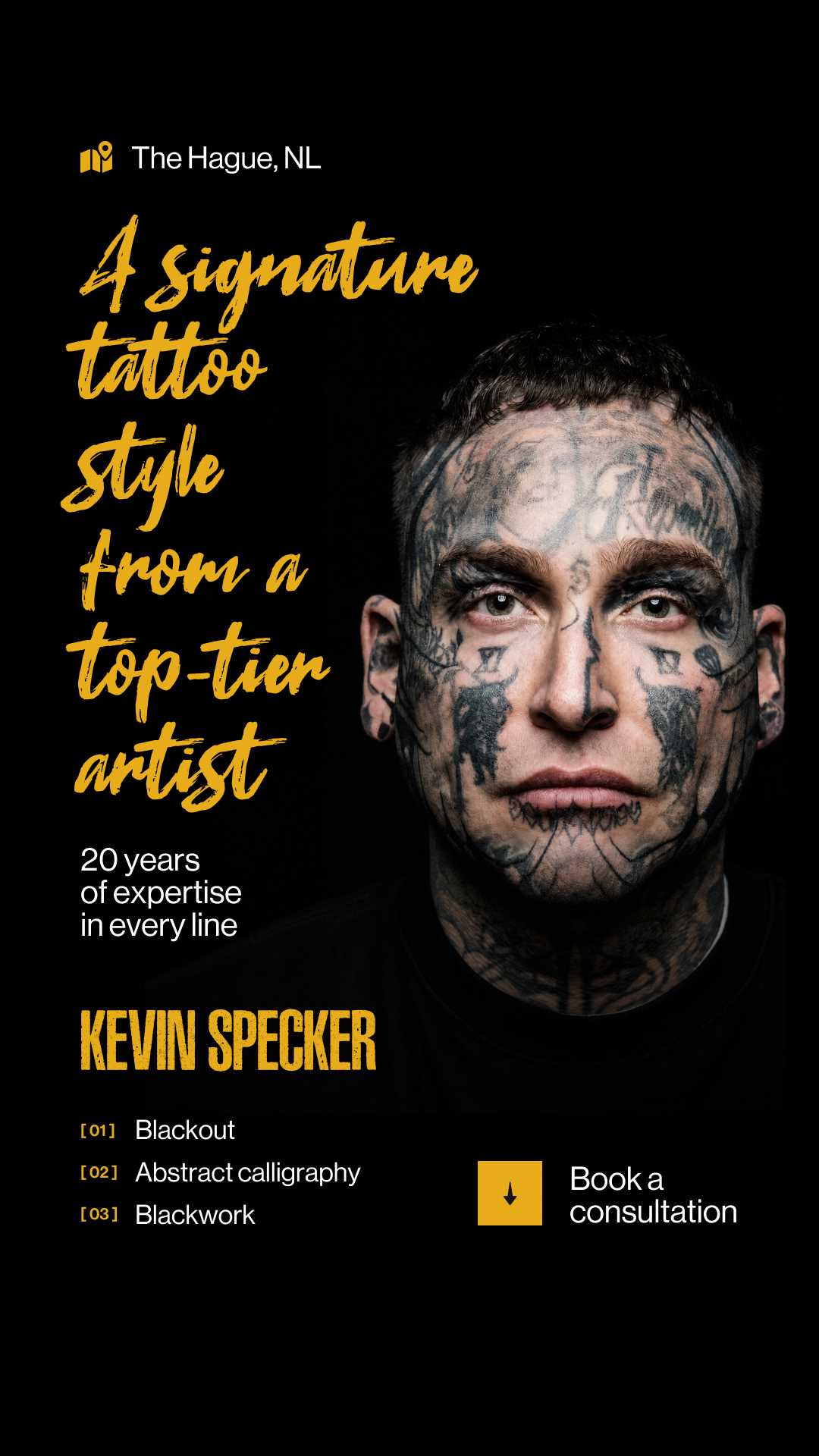 Kevin Specker blackout and blackwork tattoo artist portrait, The Hague