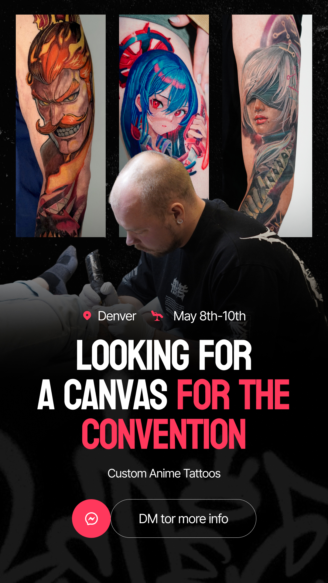 Anime tattoo artist at work with custom color pieces, Denver convention