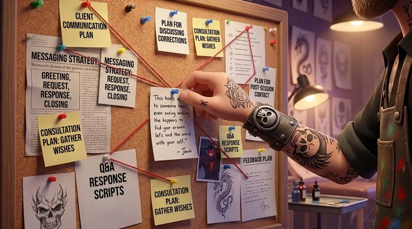 A tattooed hand pinning notes to a corkboard covered in client communication plans