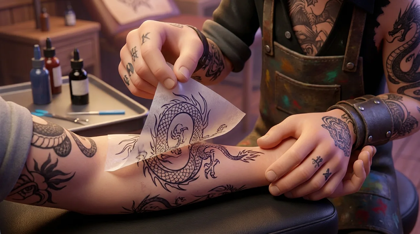 Tattoo artist creating tattoo sketch on client's hand
