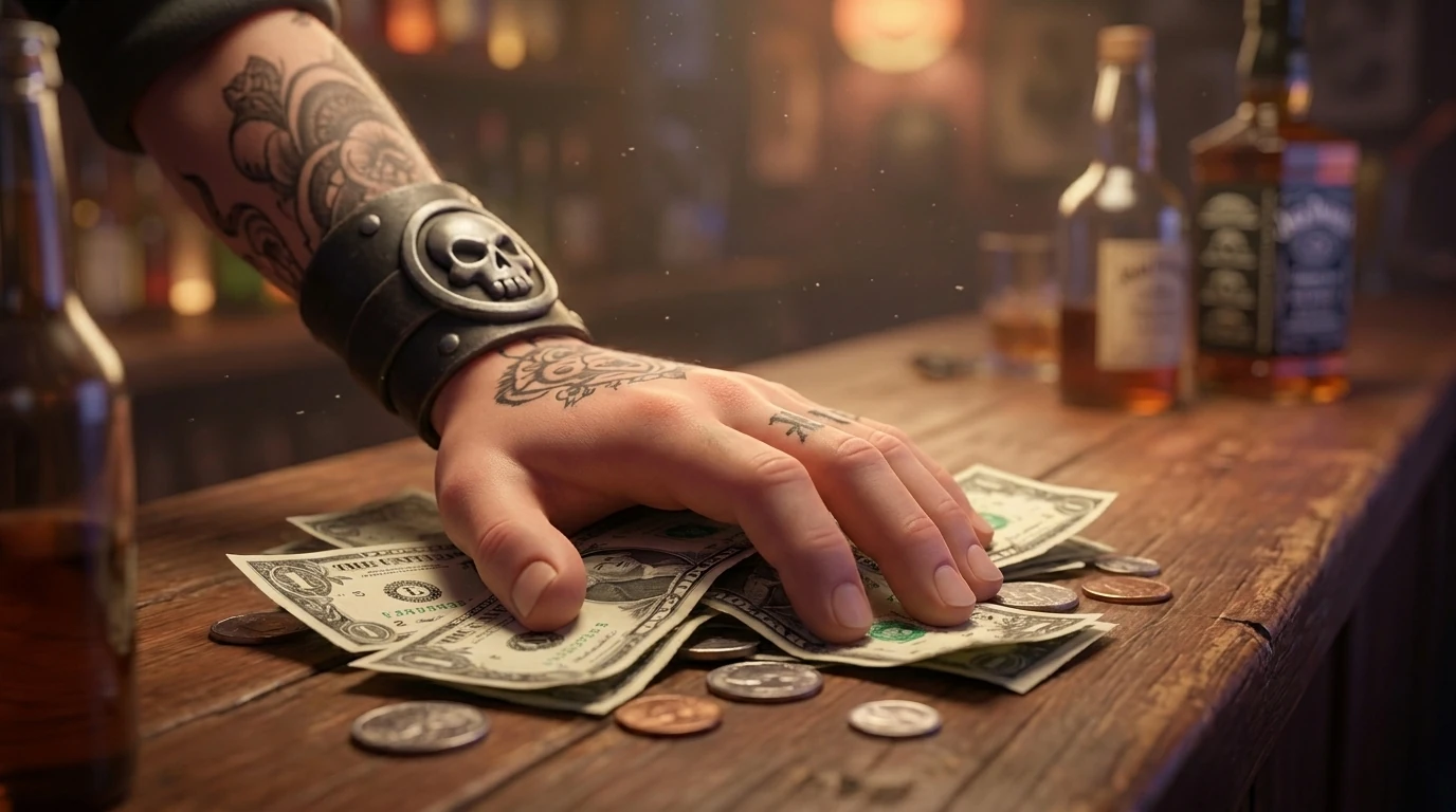 Tattooed arm put on the pile of dollars and cents