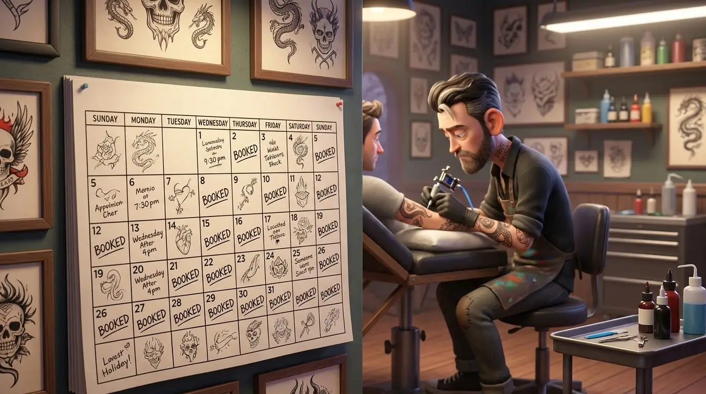 Tattoo artist tattooing near fully booked calendar
