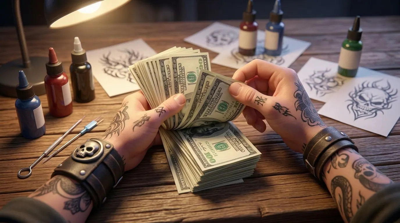 Tattooed hands holding money and counting it