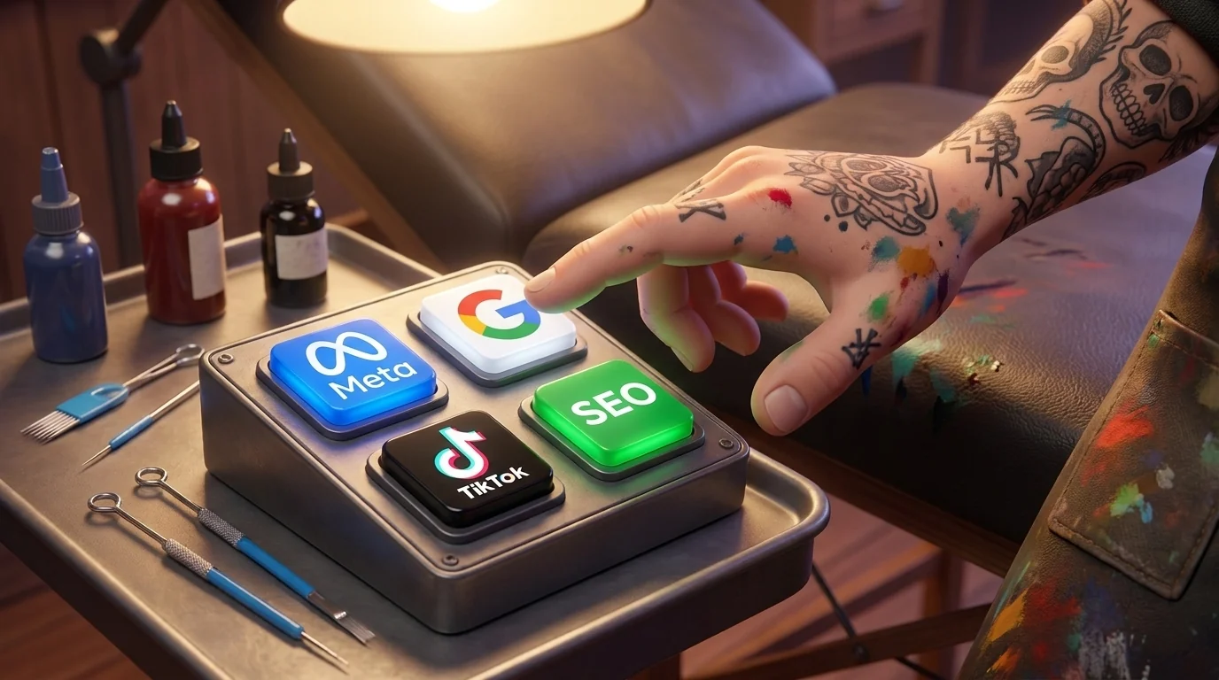 Tattooed arm choosing which button to press: Meta, Google, TikTok or SEO