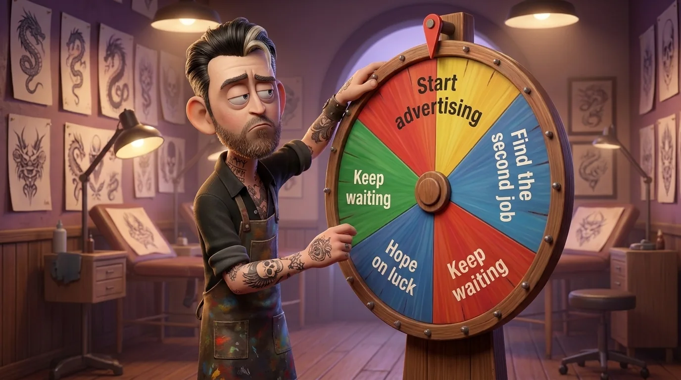 Tattoo artist spinning wheel of fortune but instead of gifts there are choices he can make
