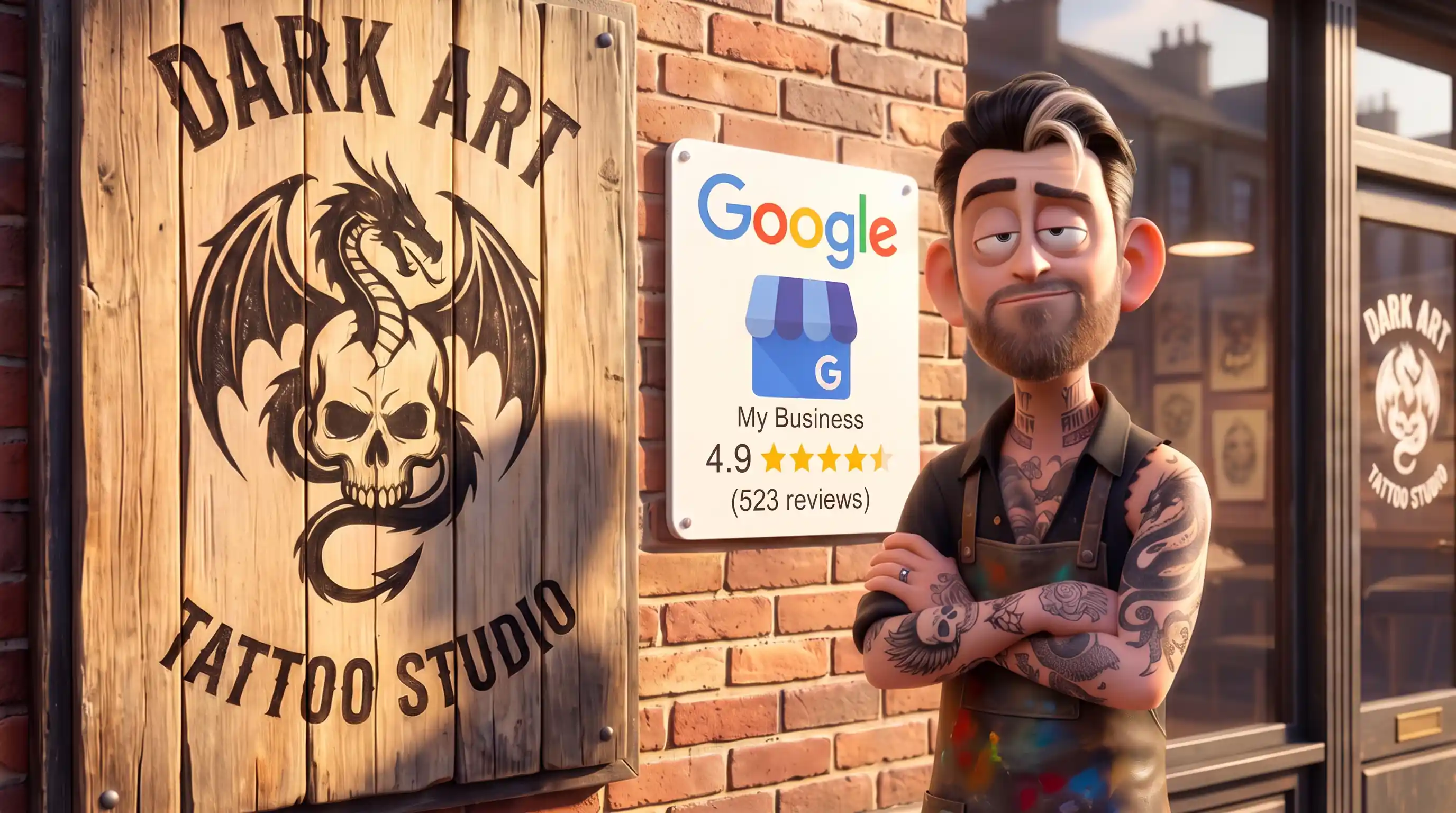 Tattoo shop owner standing next to a Google My Business listing with 4.9 star rating and 523 reviews