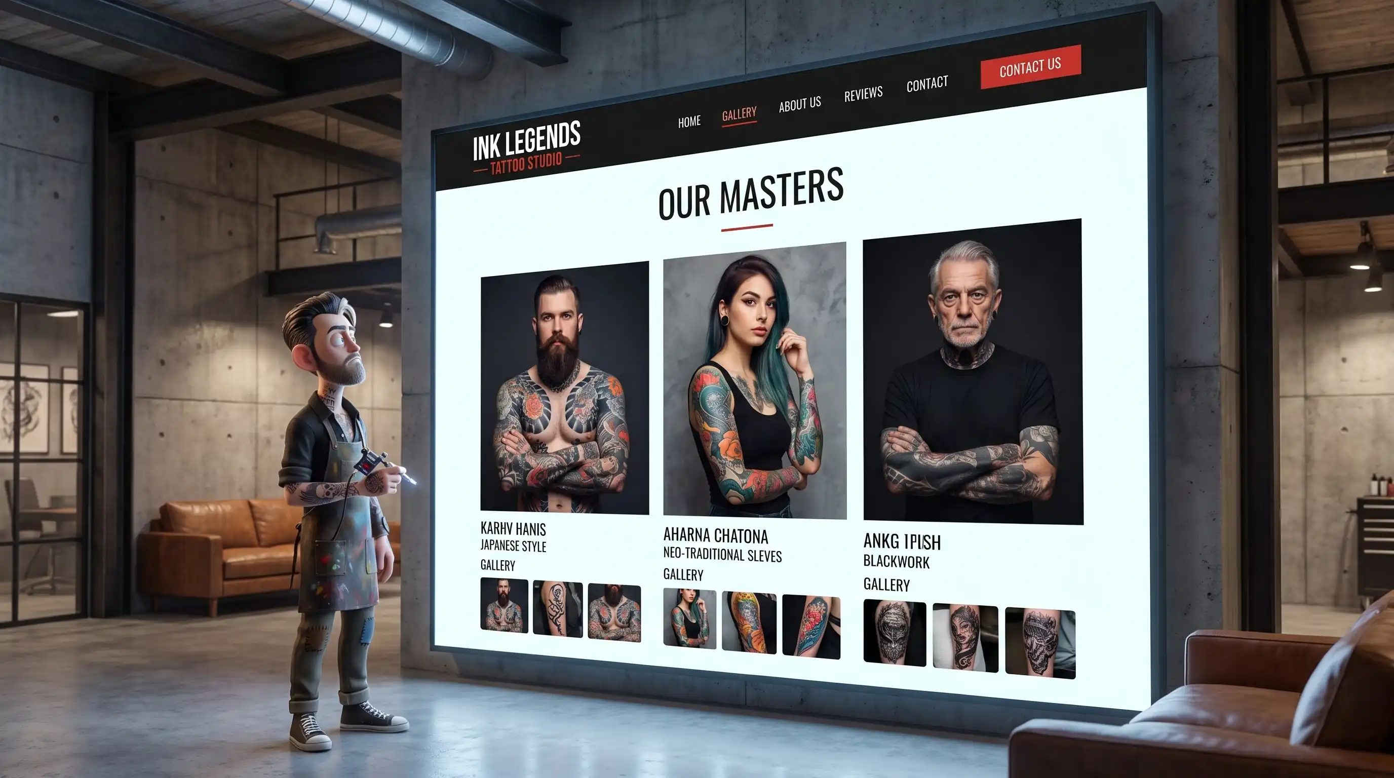 Tattoo artist reviewing his studio website showcasing artists and their styles