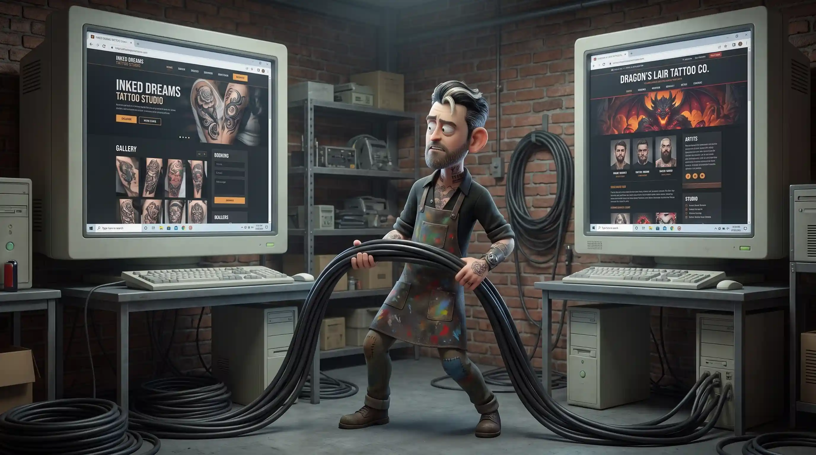 Tattoo artist connecting two studio websites - illustrated concept of tattoo shop web presence